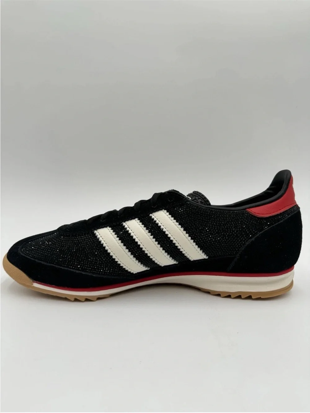 Adidas SL 72 OG Black Sparkle Sneakers with White Stripes and Red Heel Accent